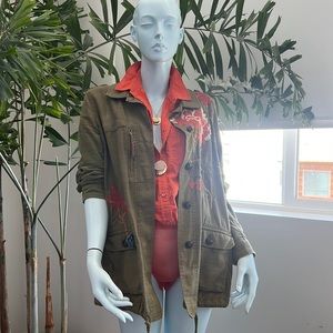 Anthropologie Hei Hei Floral Embroidered Field Utility Jacket Green Cotton M